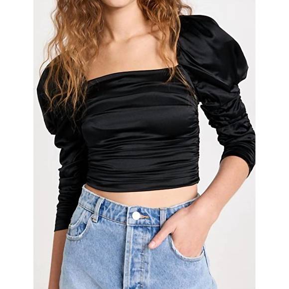 NEW ALICE + OLIVIA katrice 3/4 puff sleeve square neck ruched top blouse in blac - Picture 3 of 4